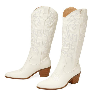 2025 New Coarse And Western Cowboy Boots Embroidered Sleeves Of Knight Boots Retro Mid-Clinity Boots High Quality Shoes